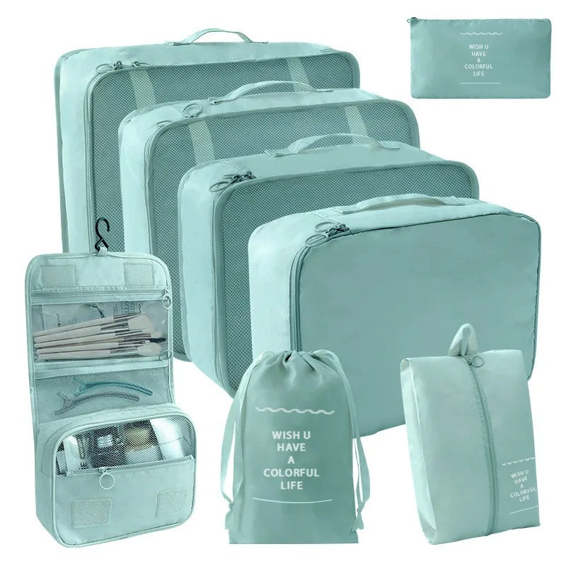Portable Travel Organizer Storage Bags Set Suitcase Packing Cubes Set Cases Portable Luggage Clothes Shoe Tidy Pouch Folding Bag Qme 8 PCS Lake Blue