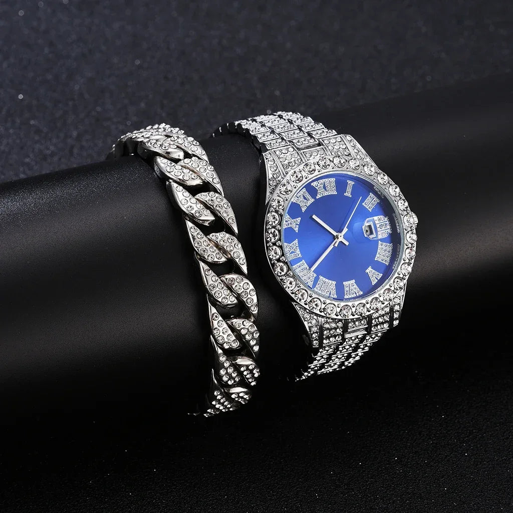 Iced Out Watch Men Luxury Brand Full Diamond Mens Watches AAA CZ Quartz Men's Watch Waterproof Hip Hop Male Clock Gift for Men Qme Silver Blue Set