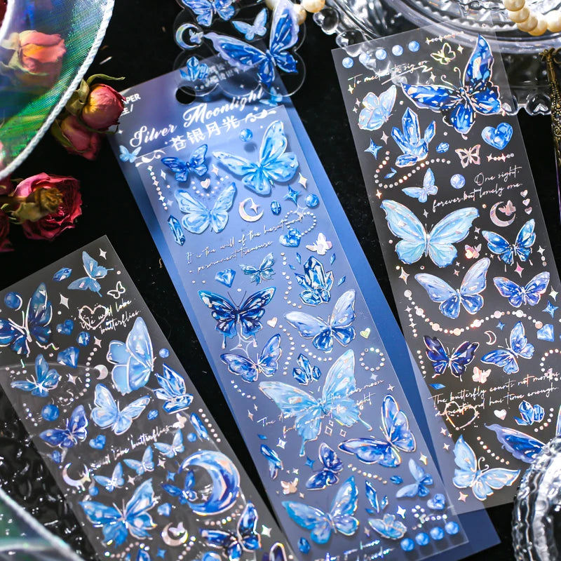 3 pcs laser Butterfly PET Stickers Decorative Diy Scrapbooking Collage material Planner Stationery Craft Supplies Qme