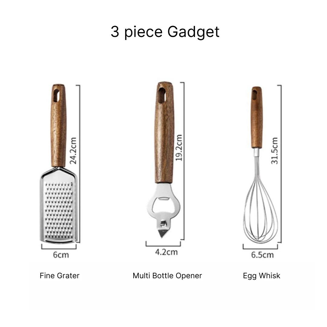 A Multifunctional Kitchen Gadgets Acacia Wood Stainless Steel Peeler Can Opener Egg Beater Pizza Cutter Cheese Spatula Set Qme 3pcs gadgets g