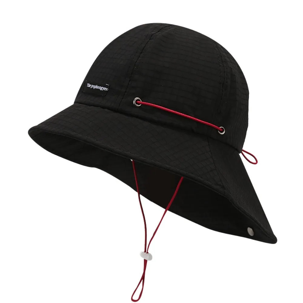 Simple Solid Color Drawstring Fisherman Hat Quick-drying with Neck cover Wide Brim Sun Hat Sun Protection Hiking Hat Summer Qme Black