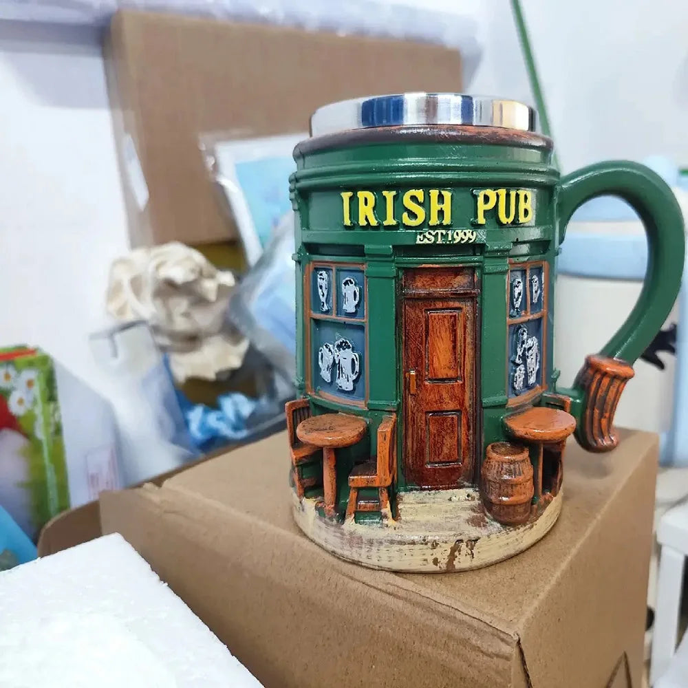 Creative Irish Pub Stainless Steel Mug Home Bar Resin Crafts Ornaments Beer Mug Coffee Cup Drinking Utensils Xmas Holiday Gift Qme