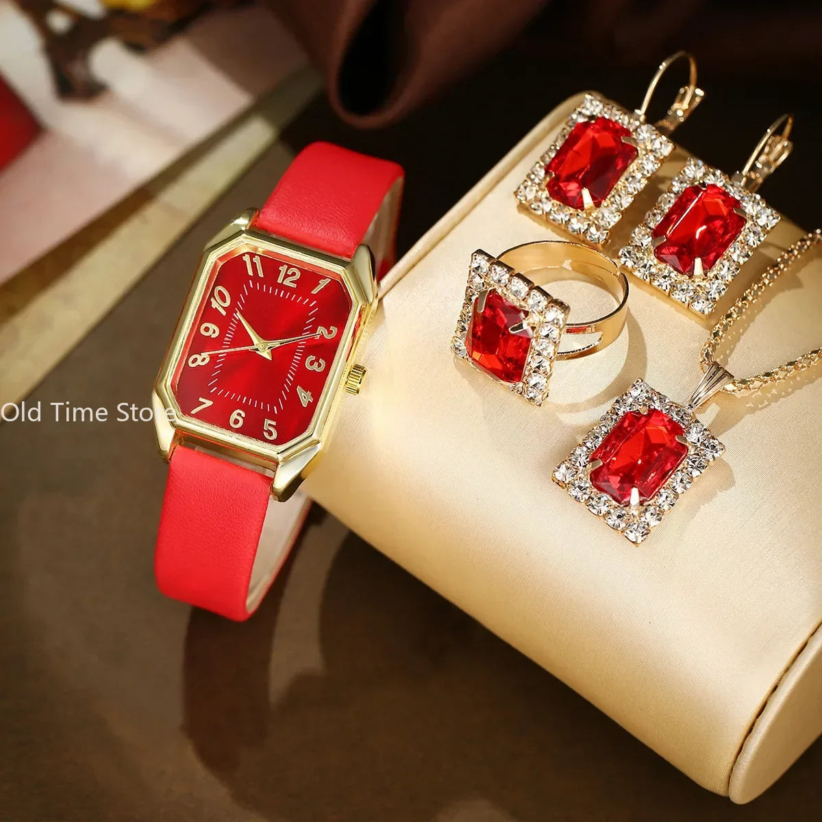 6/5/1PCS Luxury Fashion Square Women's Watches Brand Ladies Quartz Wristwatch Jewelry Set Classic Simple Femme Relogio Feminino Qme 5pcs Set-Red