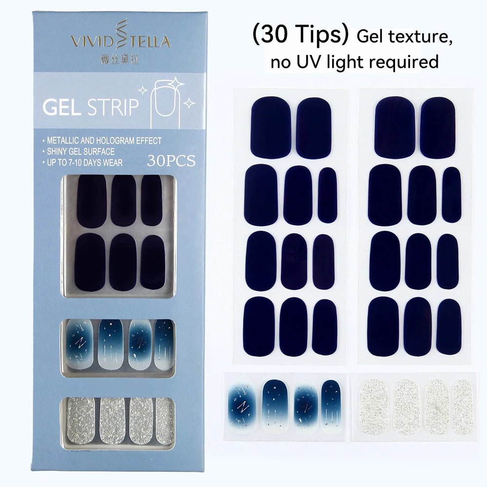 30 34Tips UV-Free Gel Nail Wraps Solid Glitter Stickers No Need UV Qme MK-30Z-DS38004