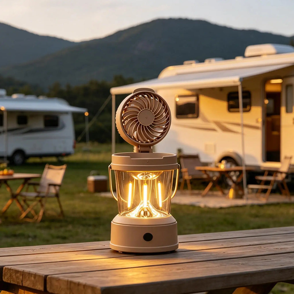 Camping Fan LED Lantern Foldable Portable 2-in-1 Brightness Electric Qme