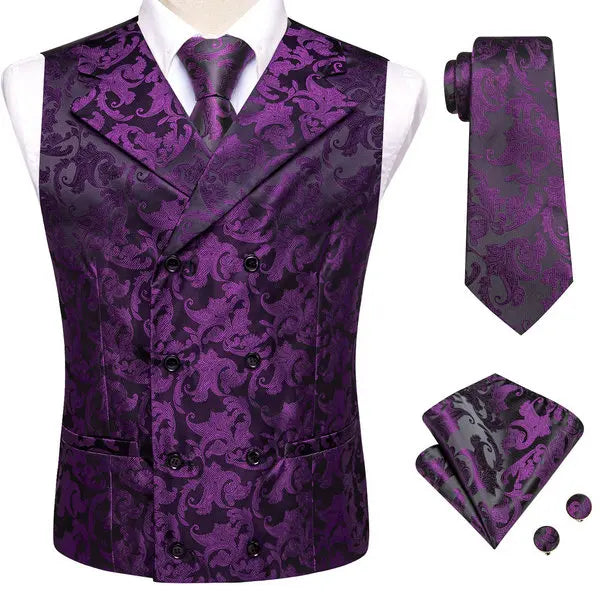 Mens Double Breasted Half Notch Lapel Waistcoat Formal Floral Qme HT-MJTZ0094 XXXL