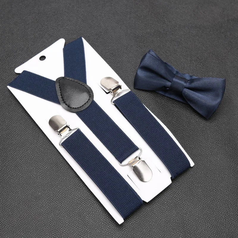 Kids Suspenders for Pants Bowtie Set Matching Tuxedo Suit Boy Girl Childs Black Adjustable Y-Back Brace Belt Wedding Accessories Qme Navy Blue