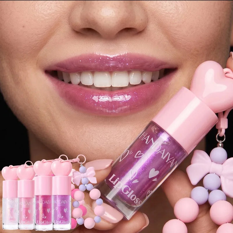 4 Colors Bowknot Bracelet Keychain Lip Oil, High Shine Hydrating Glitter LipGloss, Mirror Water Lip Glaze Non Sticky Lip Makeup Qme