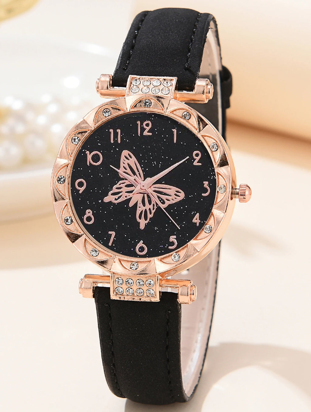 Casual fashion big black butterfly ladies quartz watch and alloy butterfly set every day dress gift Qme