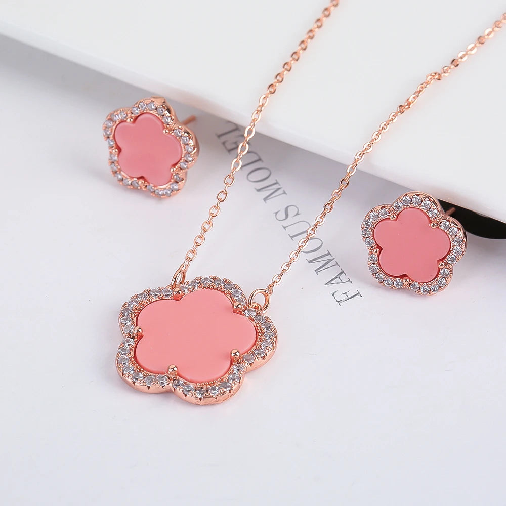 Trendy New Sweet Fashion Natural White Solid Five Leaf Petals Women Jewelry Set Necklace Earrings High Quality Gift Qme 14