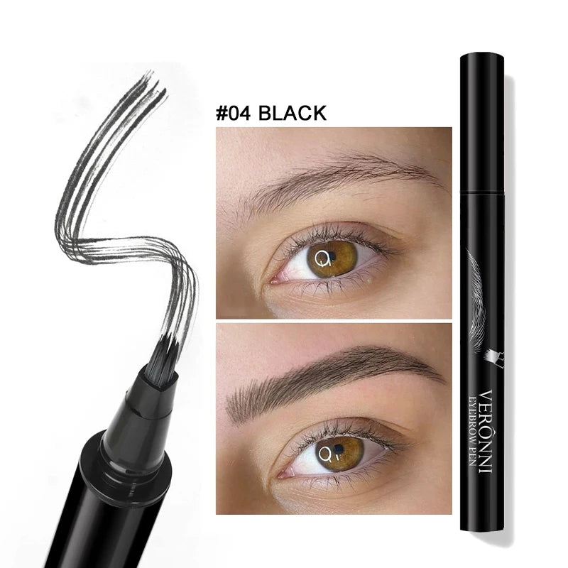 VERONNI 4 Colors Eyebrow Pen Fork Tip Liquid Waterproof Pencil Long Qme 04Black