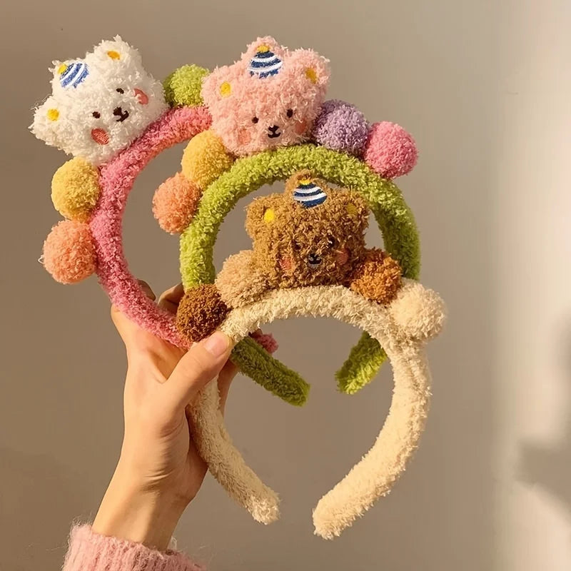 Cute Bear Plush Headband, Fluffy Cartoon Hairband For Washing Face, Makeup, Shower, Women Girls Qme Random color 2pcs