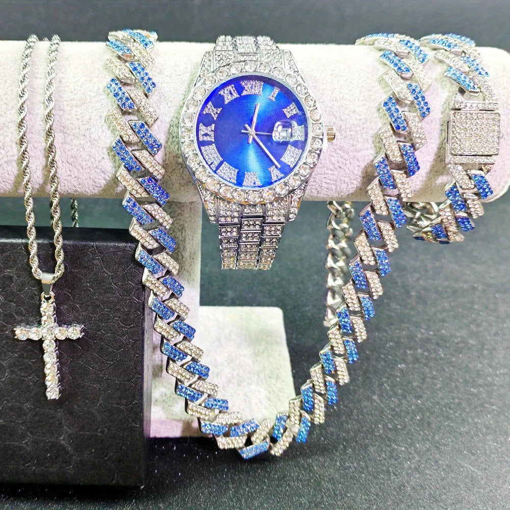 4pcs Men's Hip Hop Cuban Chain Bracelet and Watch Set Hip Hop Cuban Chain with Quartz Watch Qme Bronze