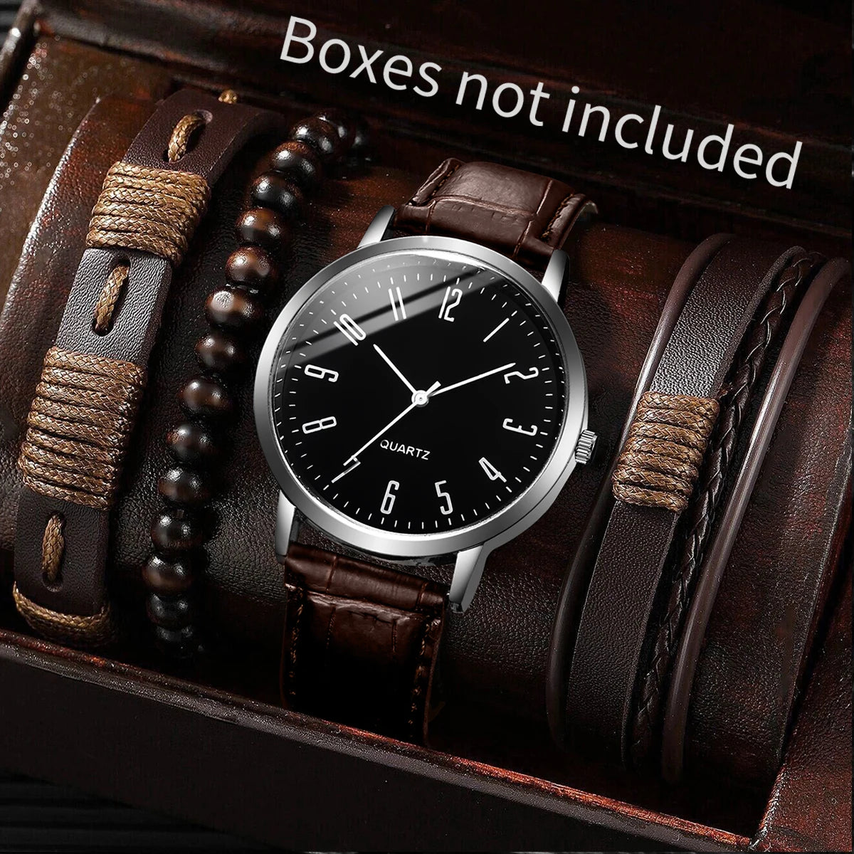 4/5PCS Fashion Men's Watches Bracelets Set Casual Arabic Dial Leather Strap Quartz Wristwatch Reloj Hombre（Without Box） Qme Brown B Without Box