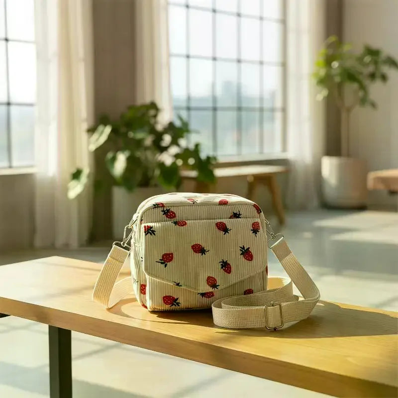 Strawberry Pattern Messenger Bags Corduroy Women's Small Shoulder Bag Teenager Girl Crossbody Bag Cute Tote Student Square Bag Qme
