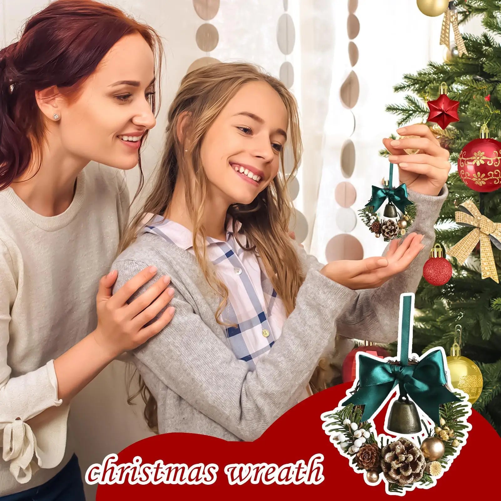 Christmas Wreath Mini Bell Bow Decor Artificial Holiday Garland Qme