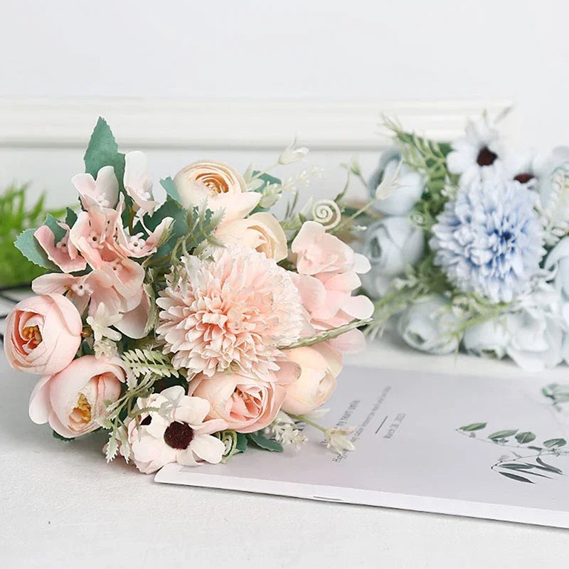 Artificial 1PC Flowers Wedding Home Bedroom Decoration Bridal Bouquet Garden Fake Silk Roses Hydrangeas Vase For Board Outdoors Qme