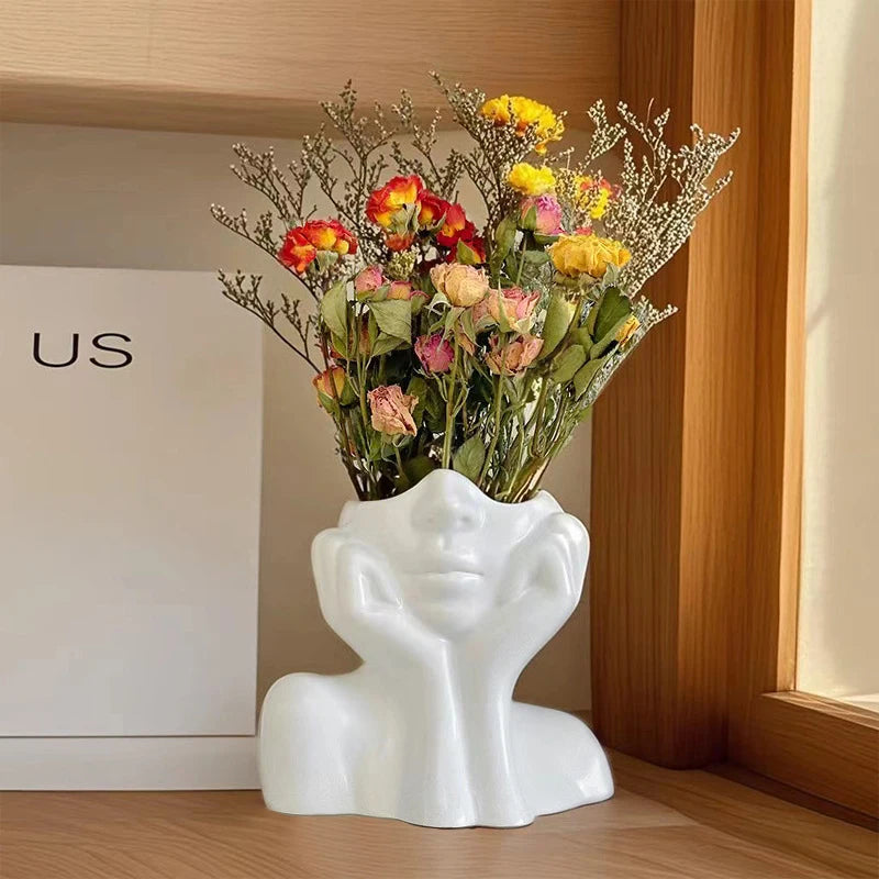 Ins Nordic Vinyl Vase Thinking Girl Shaping Art Flower Planter Qme