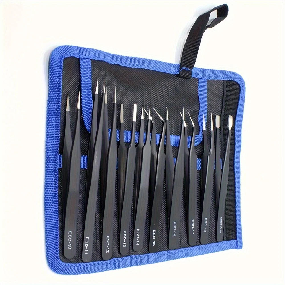 Canvas Bag Leather Cover Stainless Steel Black Tweezers Anti-static Qme 1set