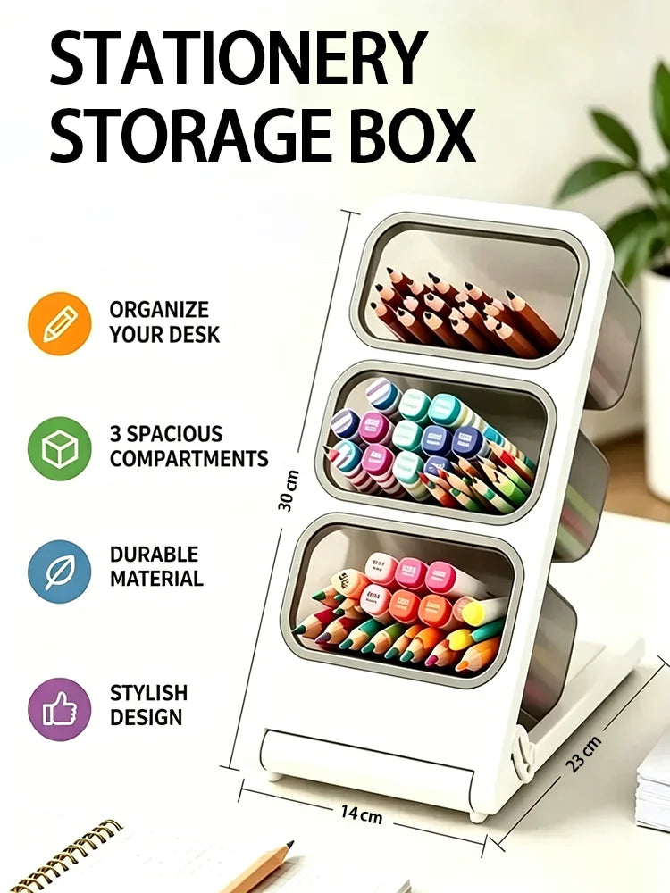 Multi-Layer Slant Desktop Stationery Organizer, Detachable 3 Grid Pen Holder, Pencil Storage Caddy for Office School Supplies Qme
