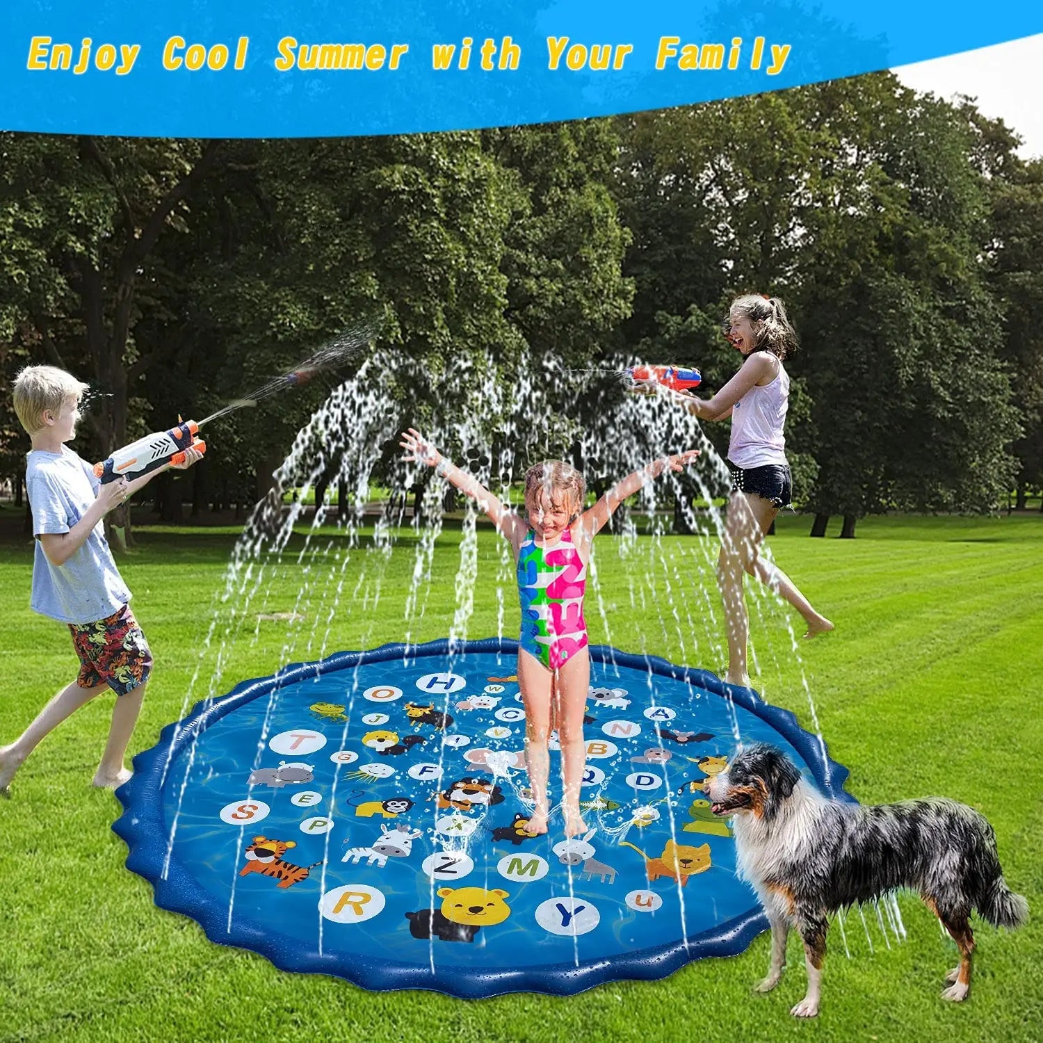 PVC100/170CM Lace lettered sprinkler mat for children outdoor lawn beach play games Sprinkler mat spray pool Qme