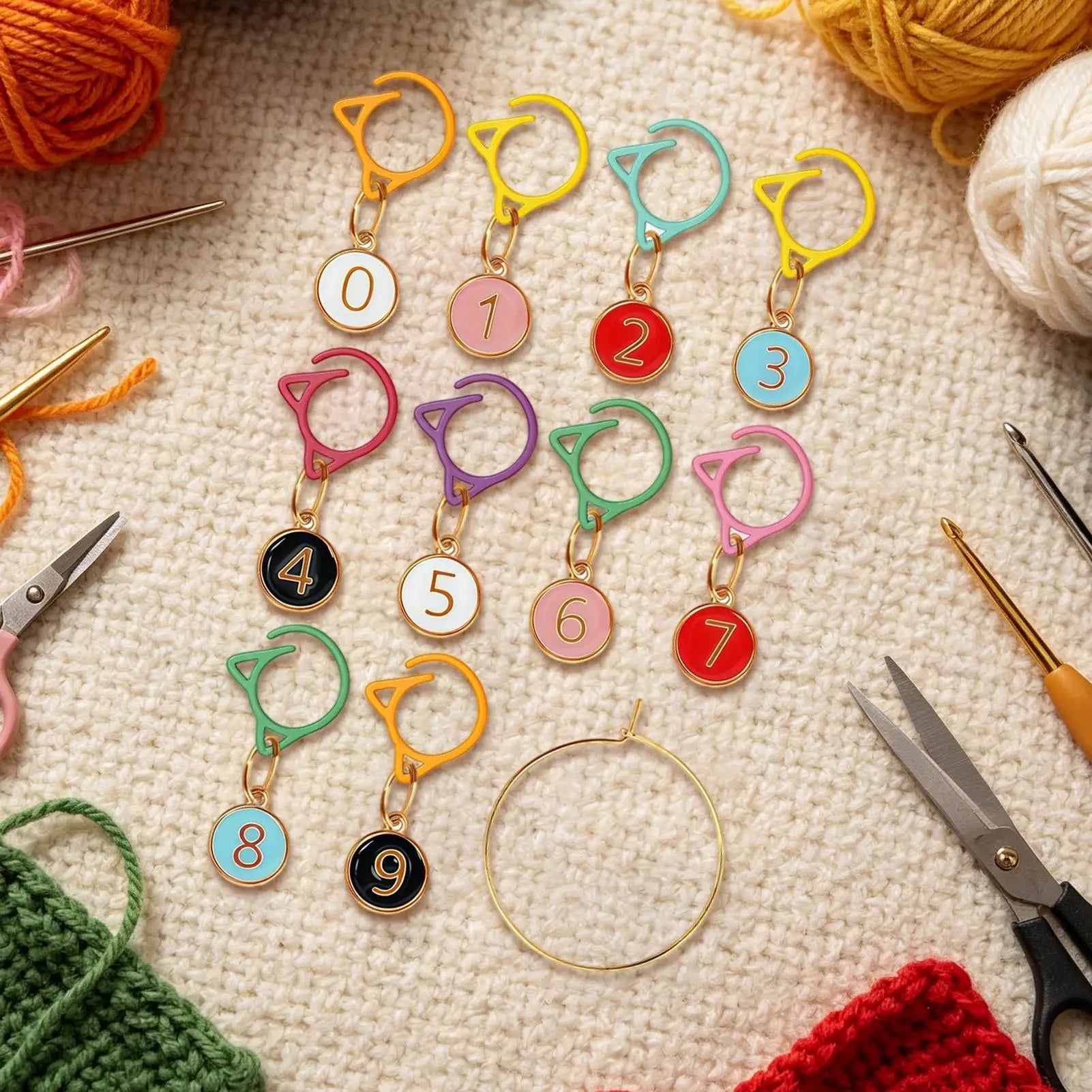 Crochet Markers Numbered Multicolor Cat Ear Metal Clip Knitting Qme