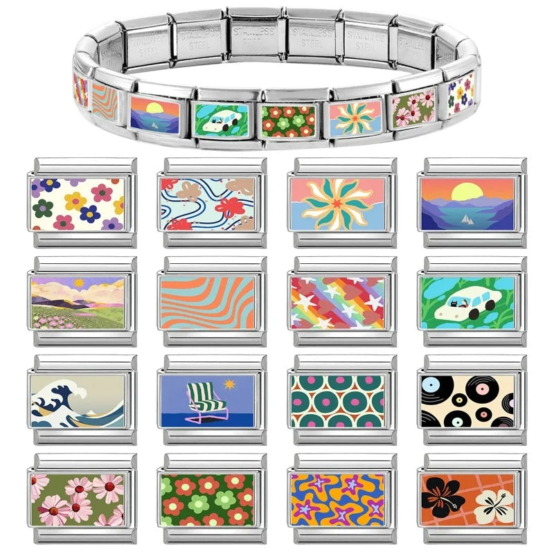 2026 Women's Gift Ukiyoe Seawaves Mount Fuji Italian Charms Links Beads Fit 9mm Stainless Steel Modular Modular Bracelet Jewelry Qme