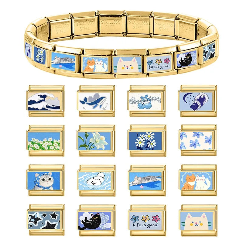 2026 Design Blue Pink Headscarf Kawai Cats Series Italian Charm Links Stainless Steel Fit 9mm Bracelet Jewelry DIY Making Gifts Qme