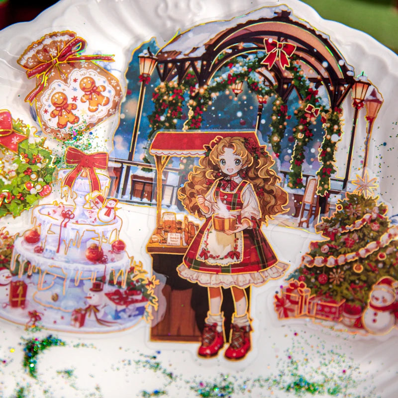 15sheets/bag Adorable Christmas Theme Large PET Sticker Pack for Scrapbooking Journaling DIY Photo Frame Collage Decoration Qme