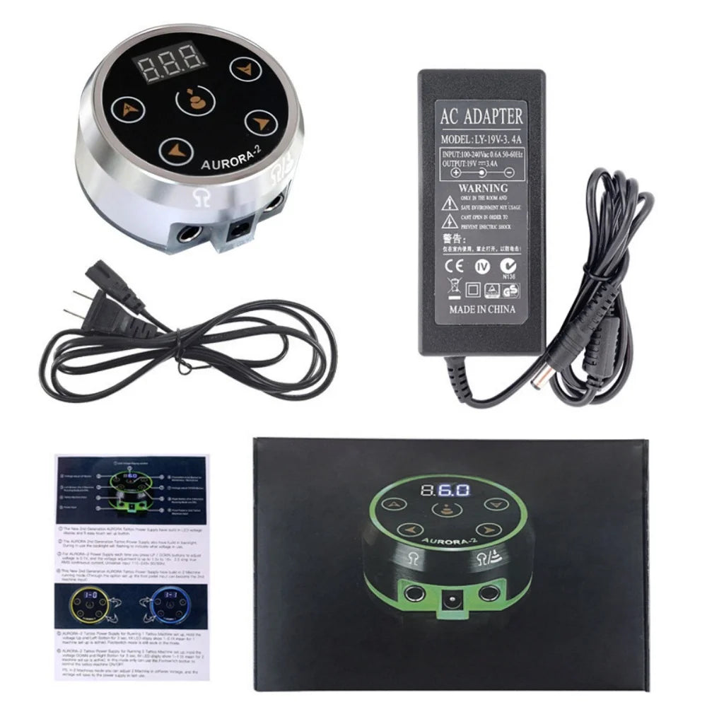Brand New Mini AURORA LCD Touch Pad Tattoo Power Supply Qme Silver US Cable