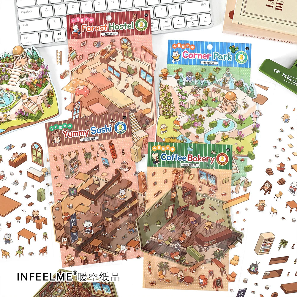 Cartoon 3D Landscaping Scrapbooking Stickers Miniature Scene DIY Cabin Scene Stacking and Pasting Hand Account Gift for Kid Qme