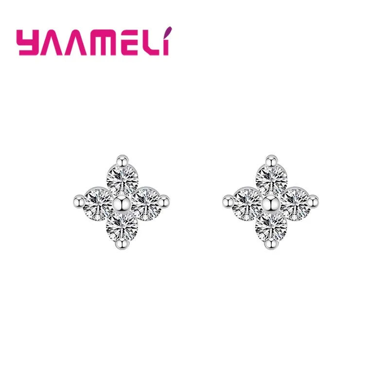 100% Real 925 Sterling Silver Color Clover Stud Earrings Bright Zircon Earrings For Women Girl Fashion Trendy Jewelry Qme