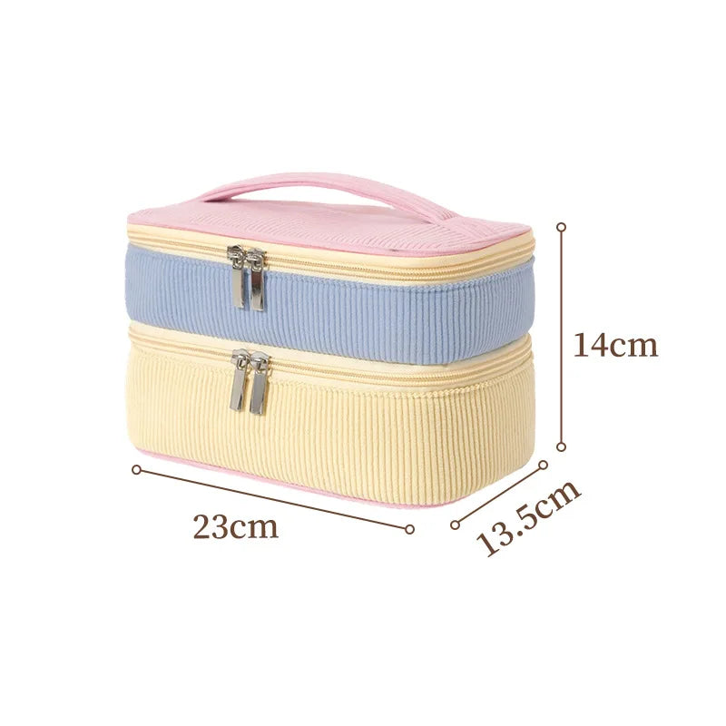 A New double-layer makeup bag, corduroy travel partition makeup brush storage bag, handheld large capacity toiletry bag Qme Sakura Powder