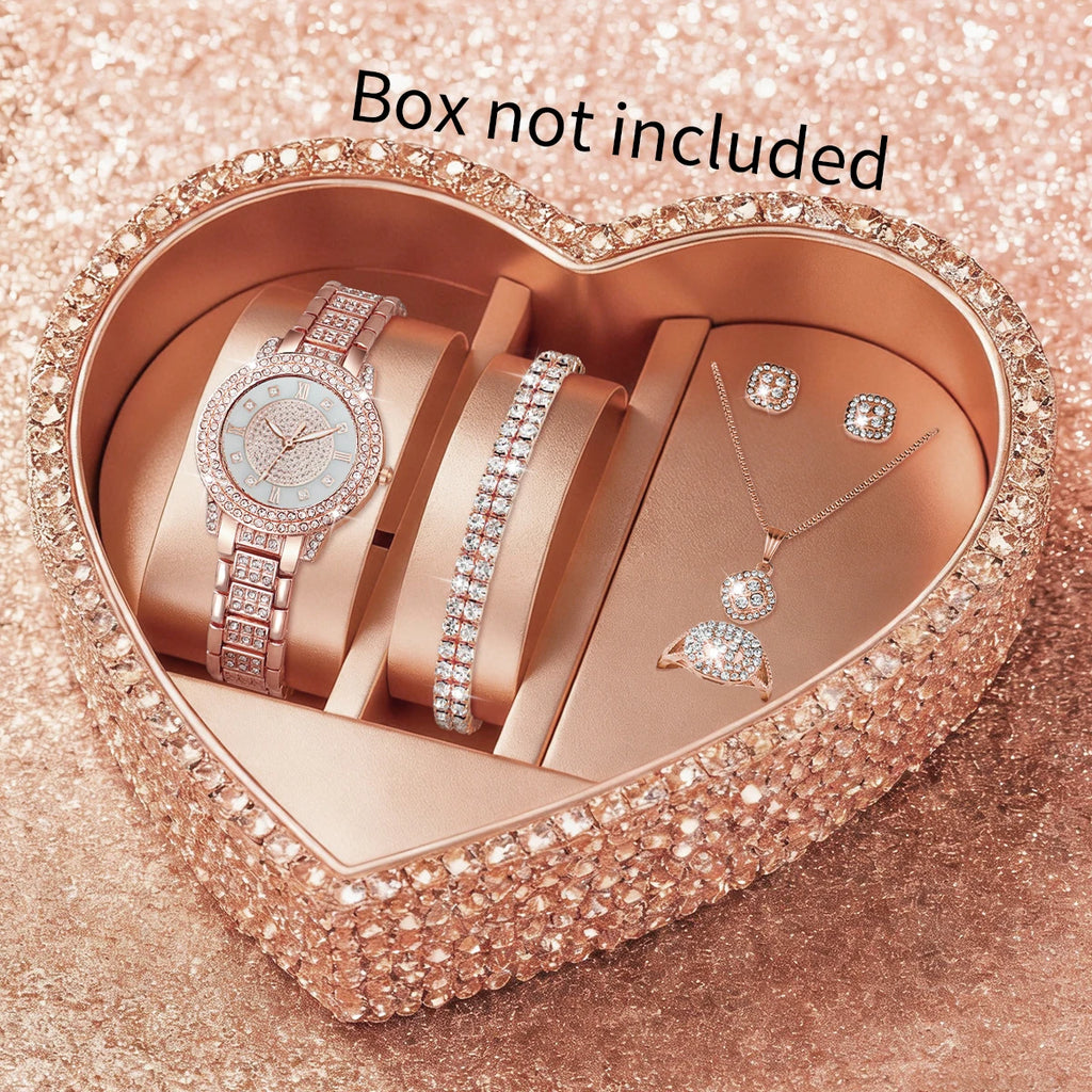 Luxury Rhinestone Watch + Bracelet & Jewelry Set Qme Rose Without Box