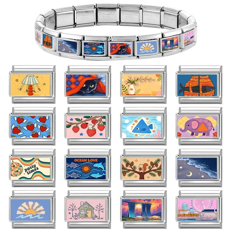 Fashion Pink Skyscraper City Scenery Fish Cat Vase House Italian Charm Link fit 9mm Stainless Steel Jewelry DIY Making Bracelets Qme