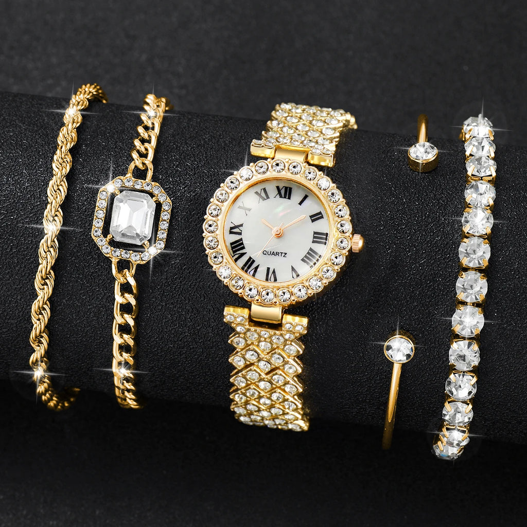 5Pcs Women Rhinestone Watch Jewelry Set Roman Dial Quartz Watch Crystal Bracelet Earring Bangle Ladies Gift Watch Qme