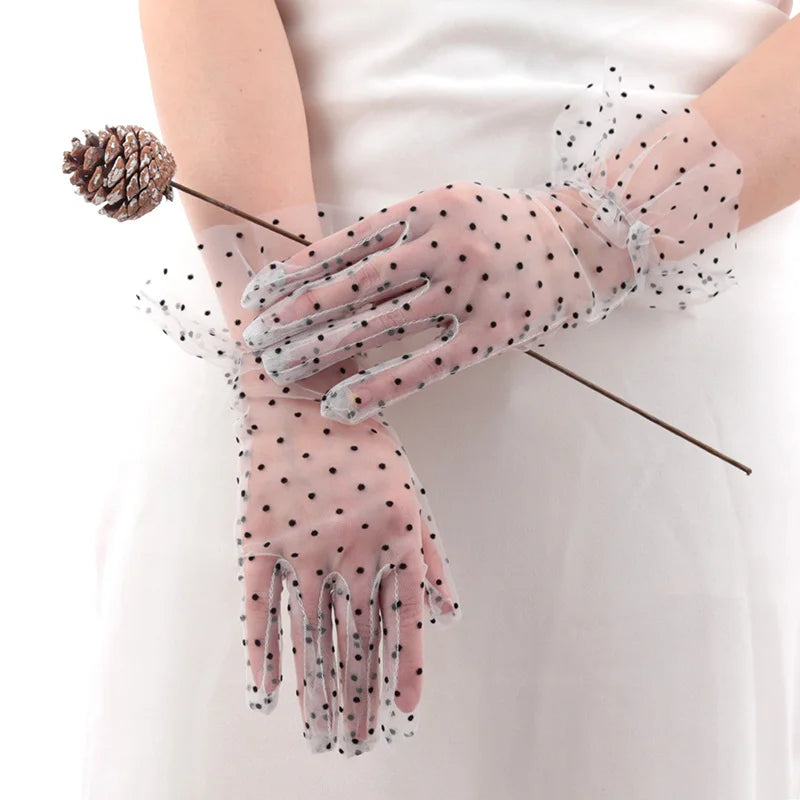 Women Sexy Lace Gloves Transparentes Dot Mesh Short Tulle Mittens Qme A1