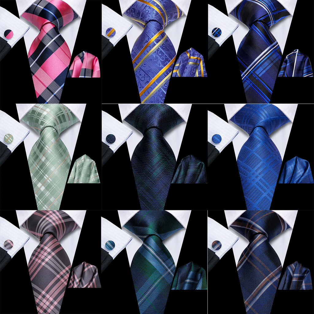 Hi-tie Men Pink Green Necktie Handkerchief Cufflinks Tuxedo Accessory Qme