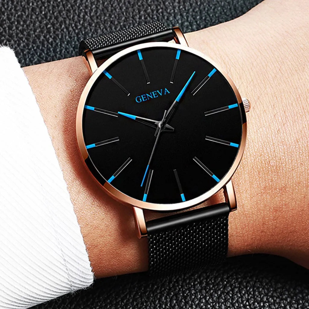 Fashionable Ultra Thin Men's Watch, Quartz Watch with Stainless Steel Mesh Bracelet for Business Men Qme