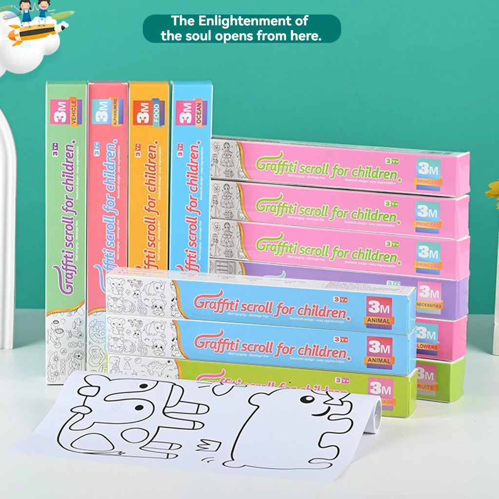 Children's Doodle Scroll Childrens Drawing Roll - 3M, DIY Coloring Paper Roll Color Filling Graffiti Paper-cut Painting School Qme