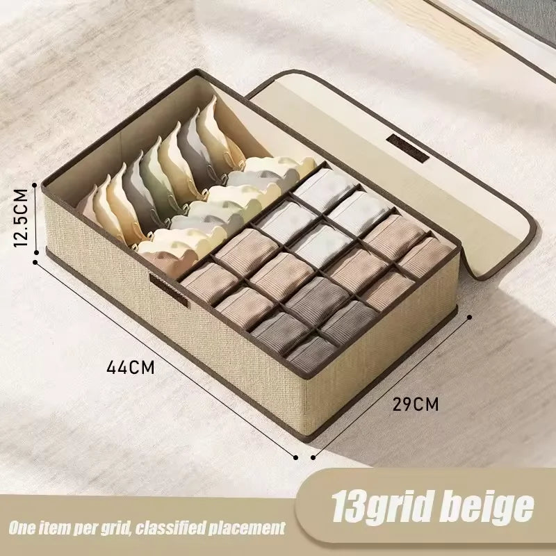 Underwear Storage Box Cotton And Linen Six-compartment Compartment With Lid Underwear Box With Compartments Drawer Style Qme Beige 13grid
