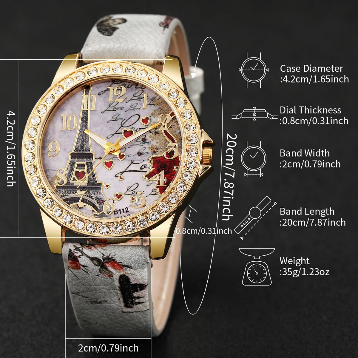 Relógio de couro PU Torre Eiffel Quartz, pulseira em forma de coração, relógio de moda, caixa não incluída, 2 peças por conjunto Qme
