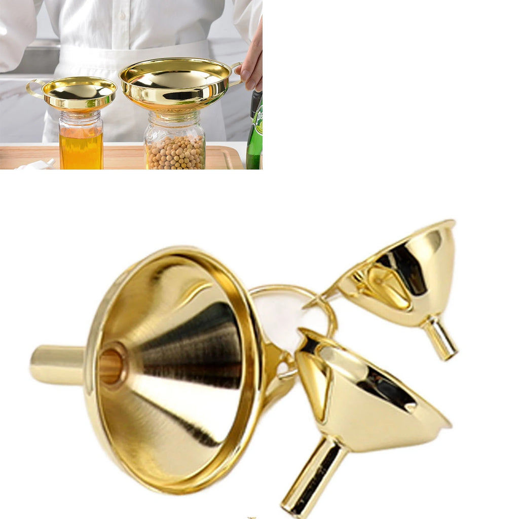 3PCS Gold Stainless Steel Funnel Set Wide Mouth Mini Funnel Kitchen Oil Liquid Transfer Tool for Canning Bottle Filling Qme