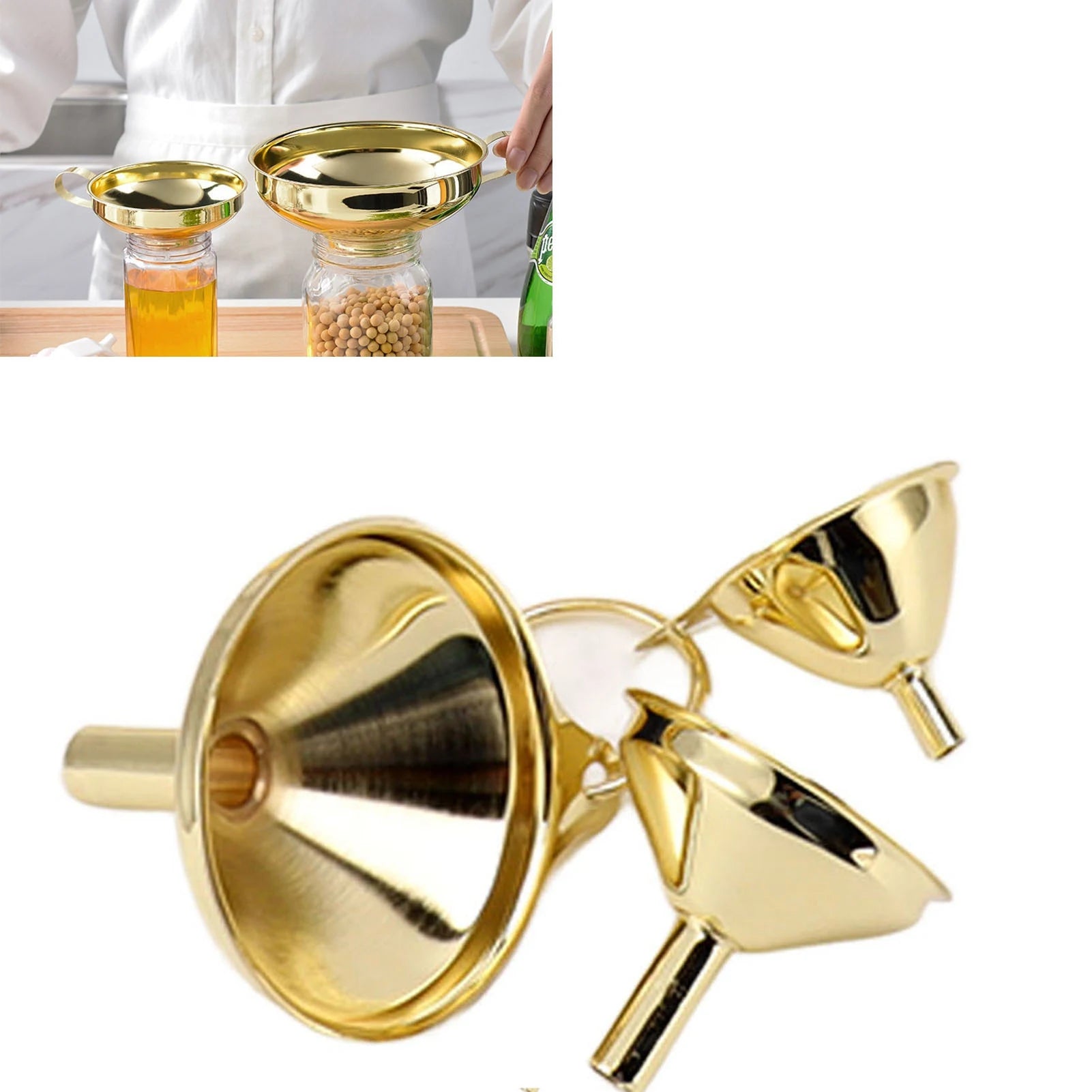 3PCS Gold Stainless Steel Funnel Set Wide Mouth Mini Funnel Kitchen Oil Liquid Transfer Tool for Canning Bottle Filling Qme