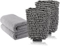 Large Size Car Wash Mitt-Premium Chenille Microfiber Wash Glove and Microfiber Towels - Lint Free（2 Towels+2 Mitts）Grey Qme GRAY
