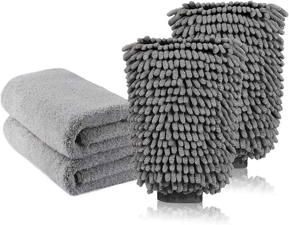 Large Size Car Wash Mitt-Premium Chenille Microfiber Wash Glove and Microfiber Towels - Lint Free（2 Towels+2 Mitts）Grey Qme GRAY