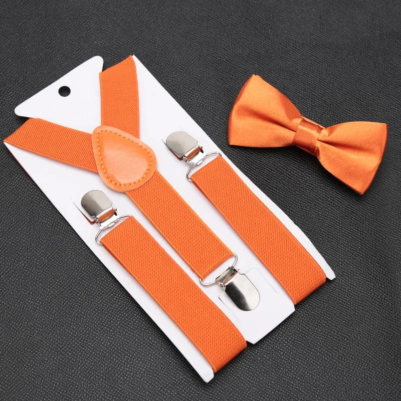 Kids Suspenders for Pants Bowtie Set Matching Tuxedo Suit Boy Girl Childs Black Adjustable Y-Back Brace Belt Wedding Accessories Qme Orange