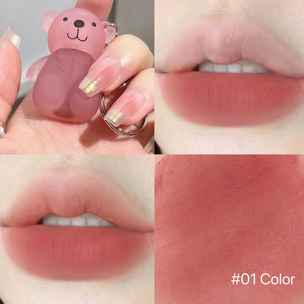 ART VALUE Cute Bear Lip Mud Keychain Matte Nude Red Lip Gloss Non-stick Cup Lipstick Waterproof Long Lasting Lipgloss Cosmetics Qme 01