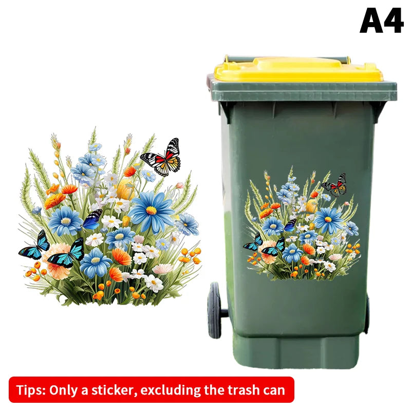 Trash Can Stickers Floral Wheel Self-adhesive Waterproof PVC Decals Qme A4