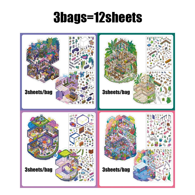 3 Sheets/Bag Fantasy House Miniature Scene Stickers PET+White Card 2.5D Stress Relief Game Stickers for DIY Craft, Birthday Gift Qme all